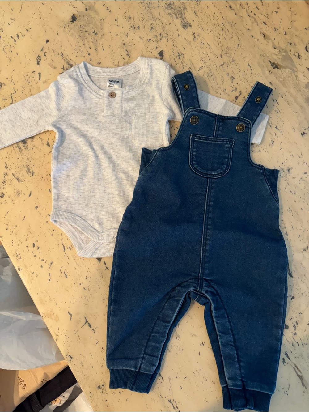 Anko Navy Baby Denim Overalls with Adjustable Straps & Shirt